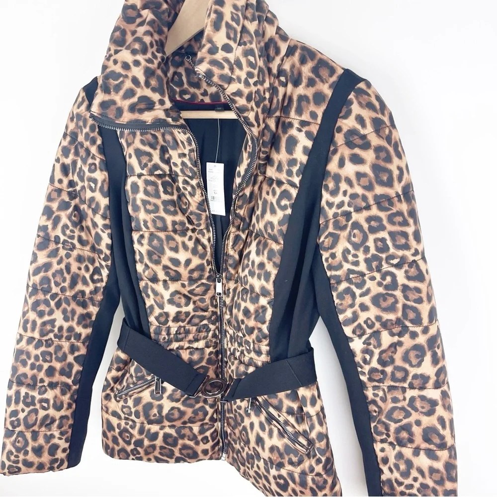 White House Black Market Leopard Printed Puffer with Belt Size Extra Small NWT